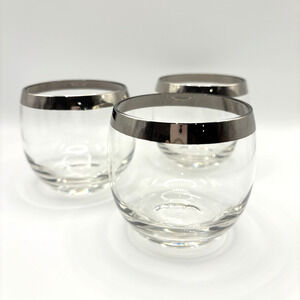 Vintage Dorothy Thorpe Roly Poly Bar Glasses Wide Silver Band Set Of 3 MCM